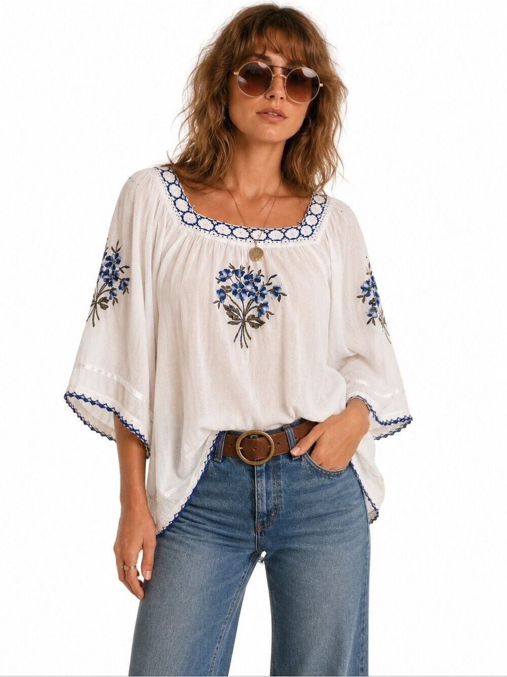 70's Grecian Apparel Cotton Blend Embroidered White Blouse Size Small